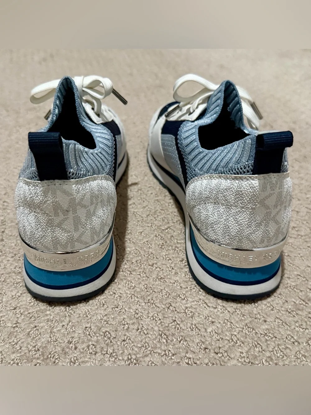 Michael Kors Women’s Navy, White and Light Blue Knit Lace-Up Sneakers
